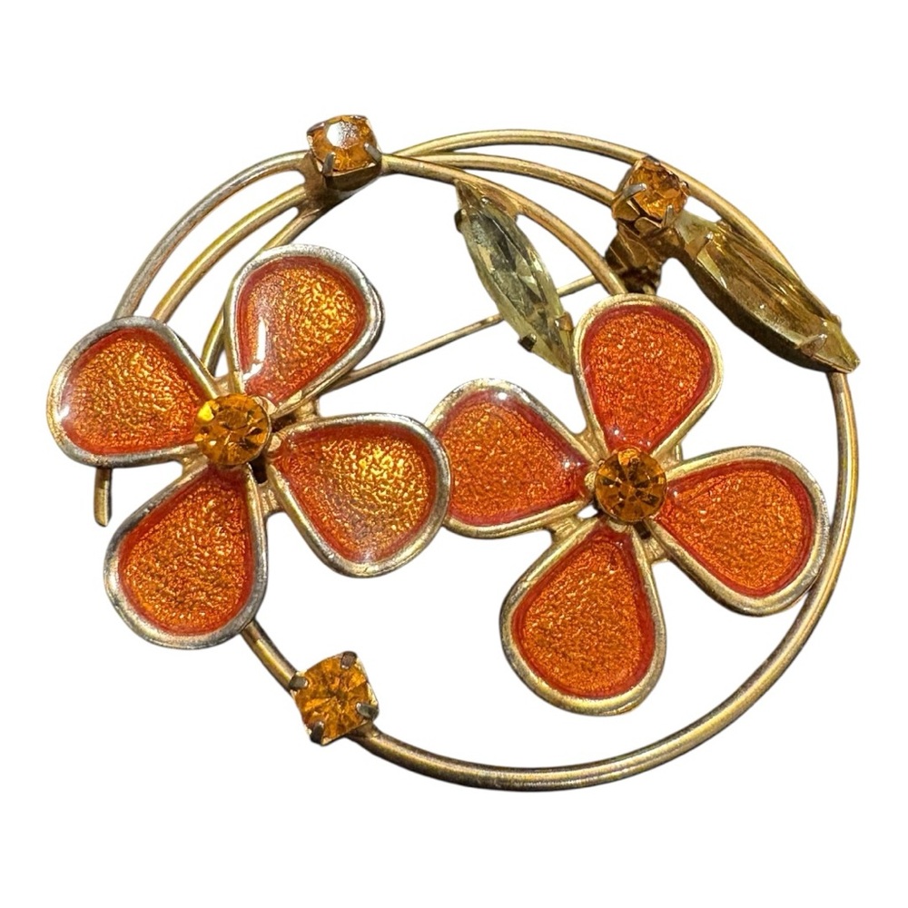 Vintage Orange Enamel Flower Brooch – Gold Tone Circle Pin with Rhinestones JB8